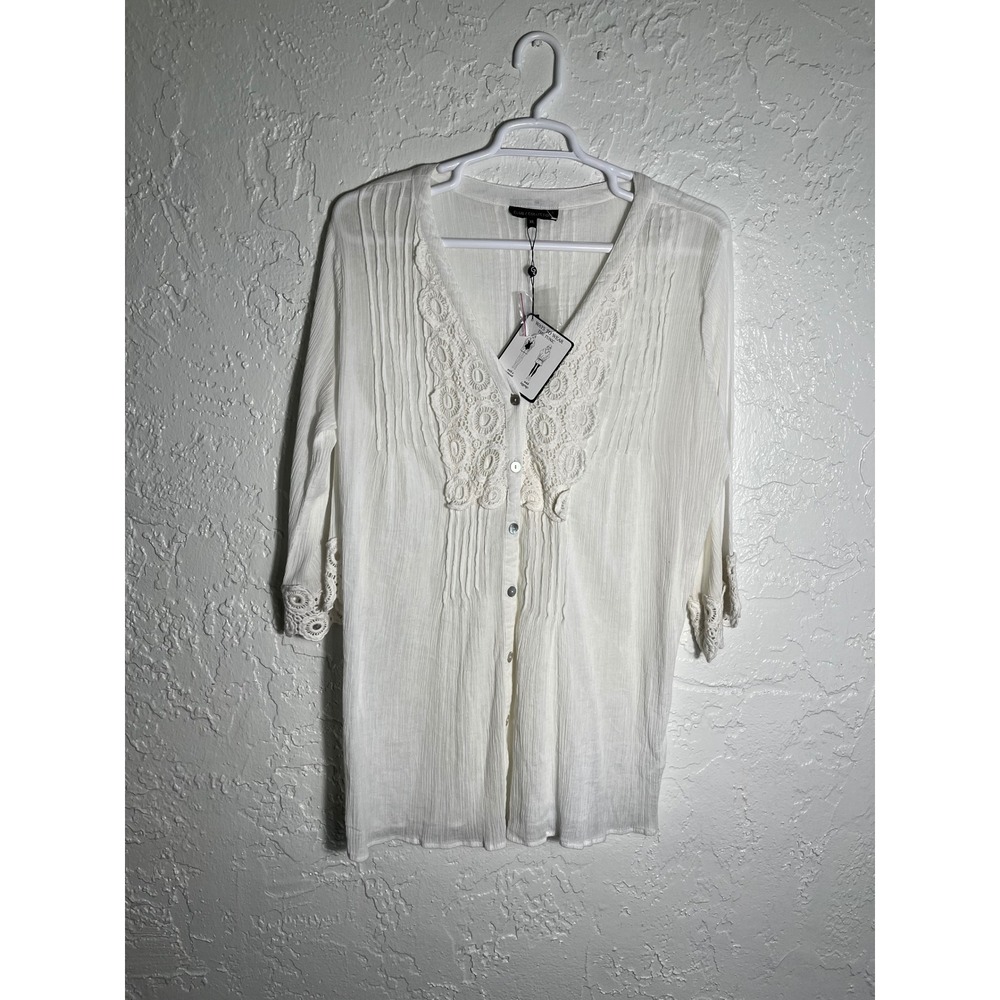Club‎ Z Collection White Cotton Gauze Crochet Lace Pintuck Tunic Top XL NWT